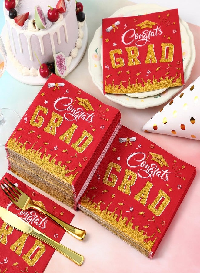 Supervitae 100 Pcs Graduation Napkins Class of 2025 Disposable Graduation Cocktail Napkin Congrats Grad Square Paper Tissues for 2025 High School University College Party Supplies (Red,Grad) - Image 3